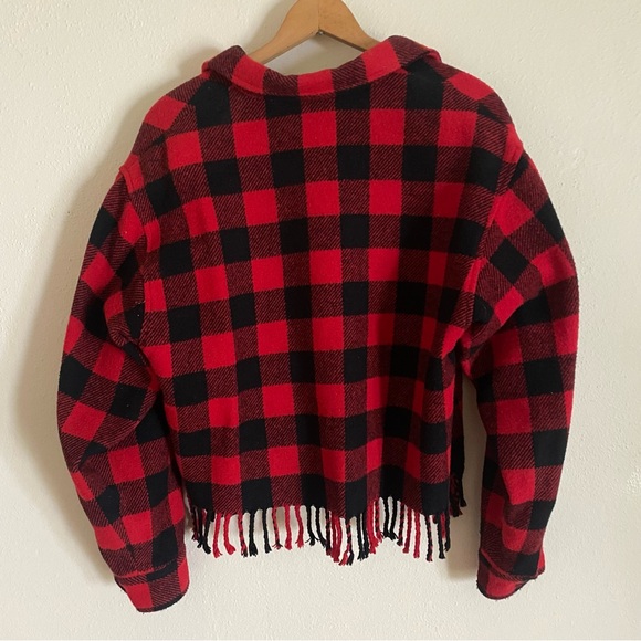 Vintage 80s Sportable Red and Black Plaid Wool Fringe Small/Medium Jacket - Picture 4 of 4